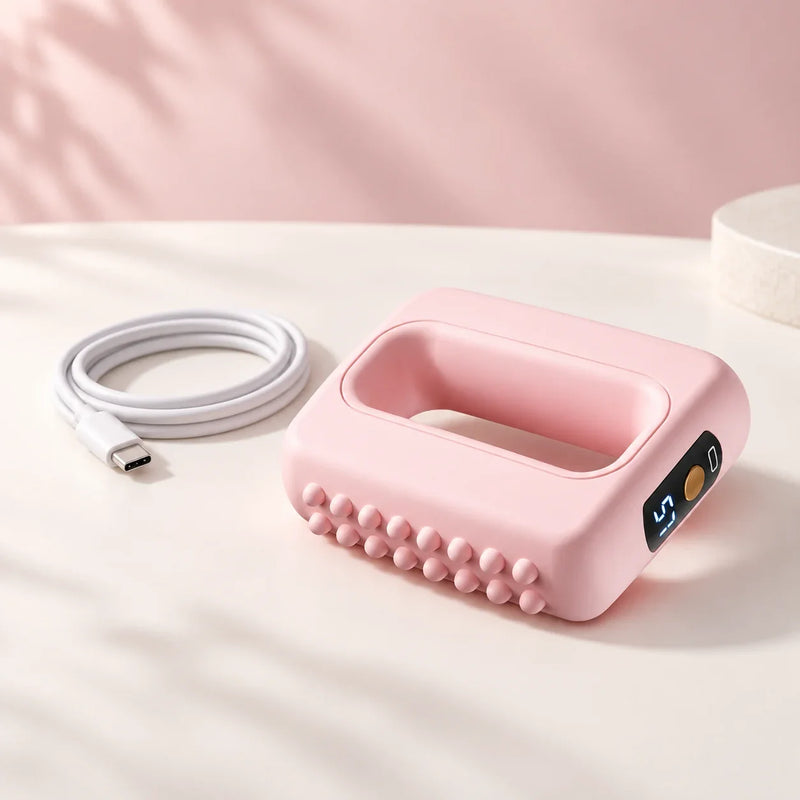 Pink ring massager resting on a table with its USB-C cable