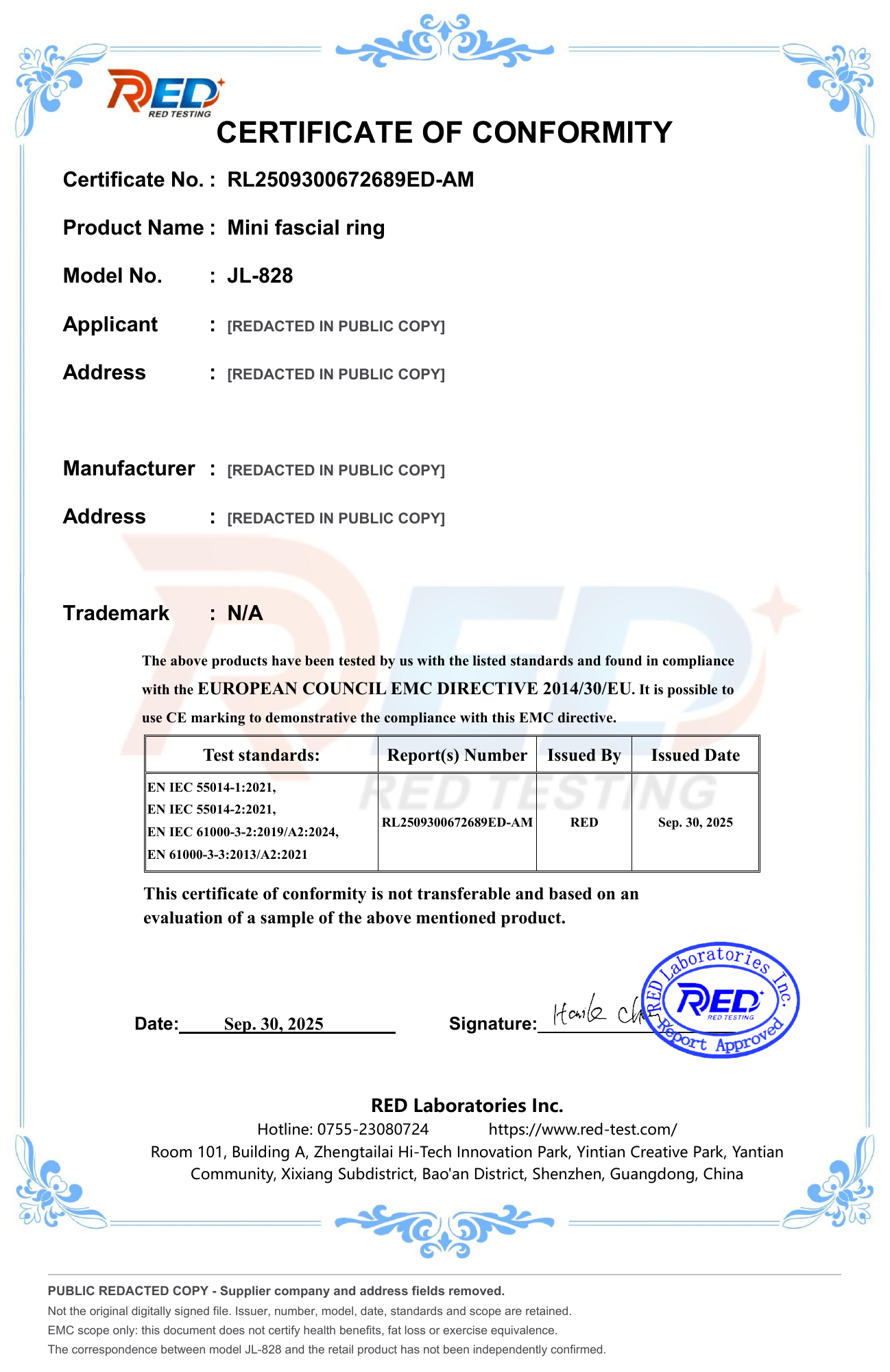 Redacted supplier EMC certificate for Mini fascial ring, model JL-828. Supplier company and address fields are removed.