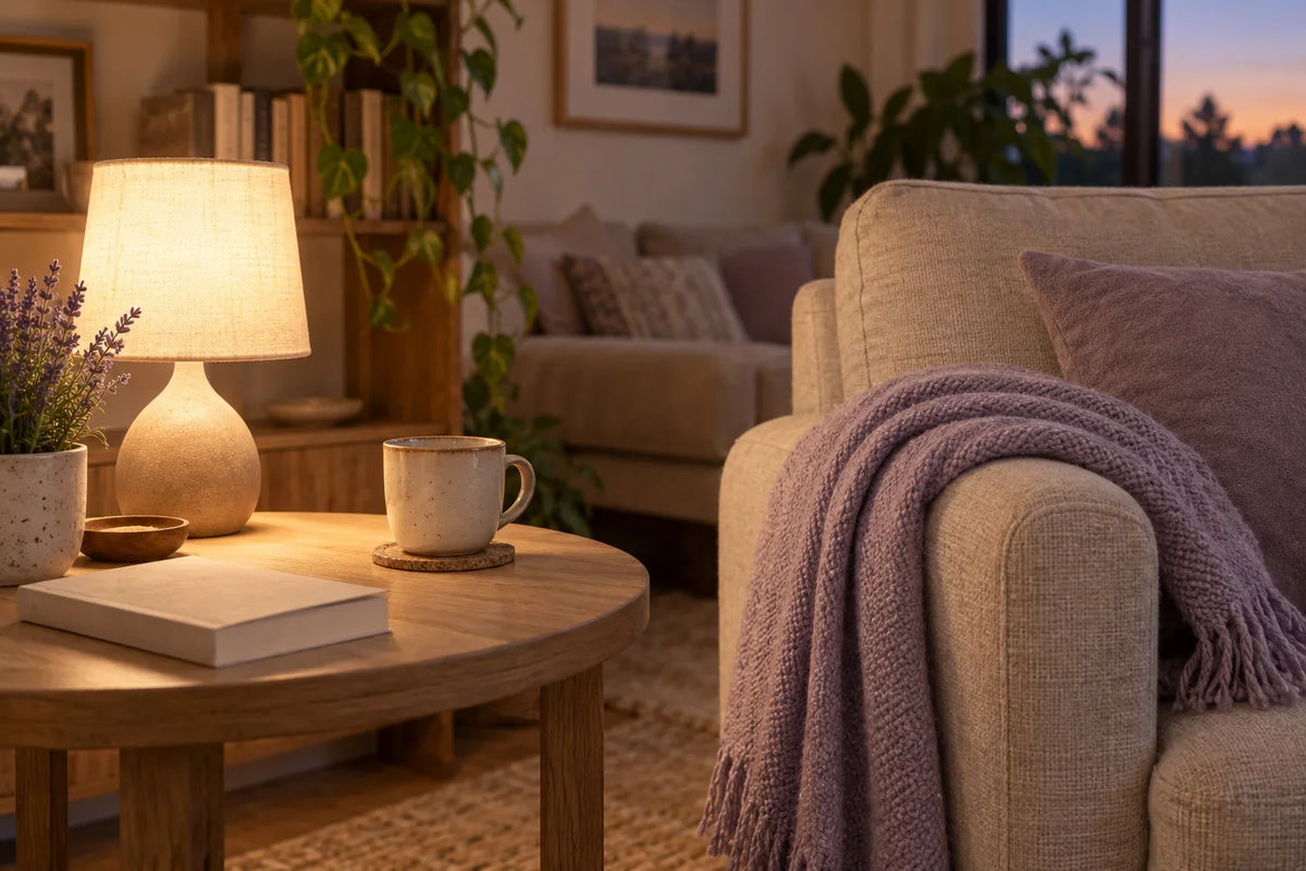 A softly lit chair with a lavender throw beside a book and lamp