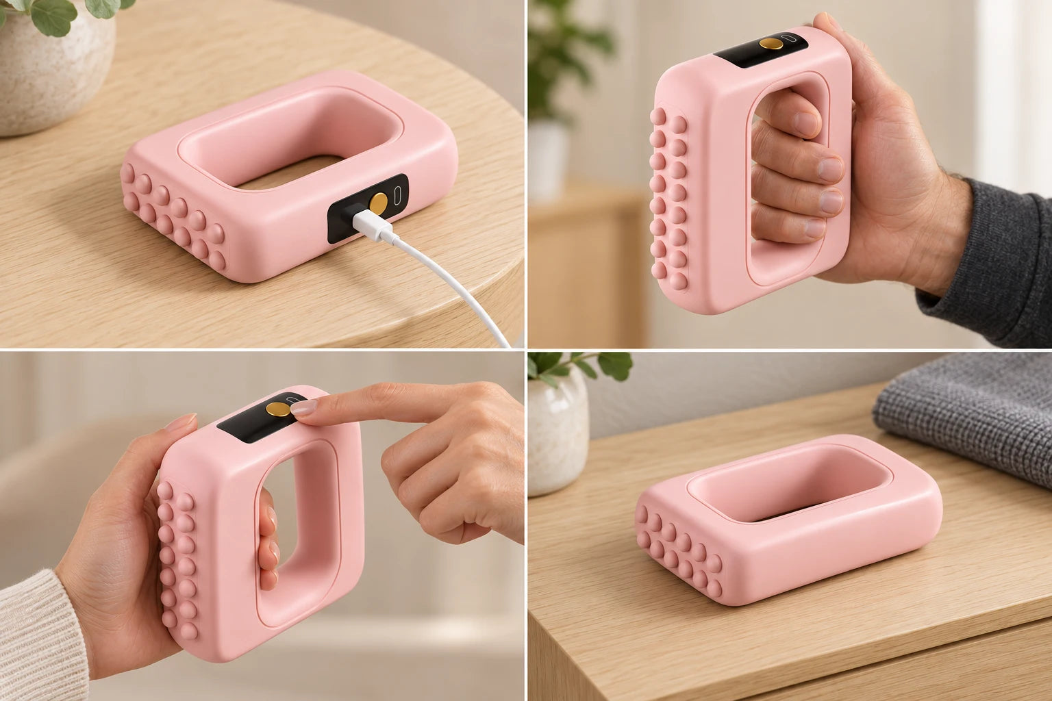 Dream Pink — Ring massager connected to a USB-C cable on a tabletop